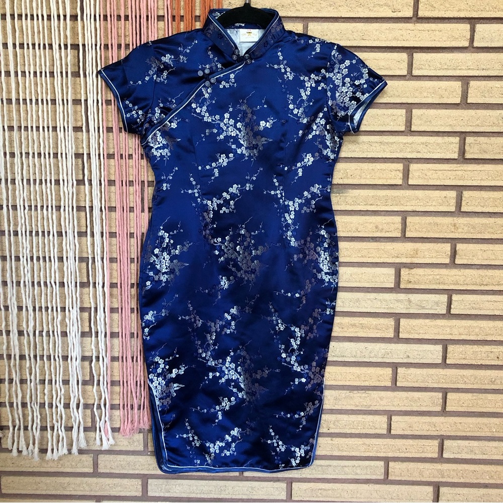 Cobalt Blue/Silver Floral Cheongsam Dress - Silk Dress - XS - Bust 29 - Size 0-2